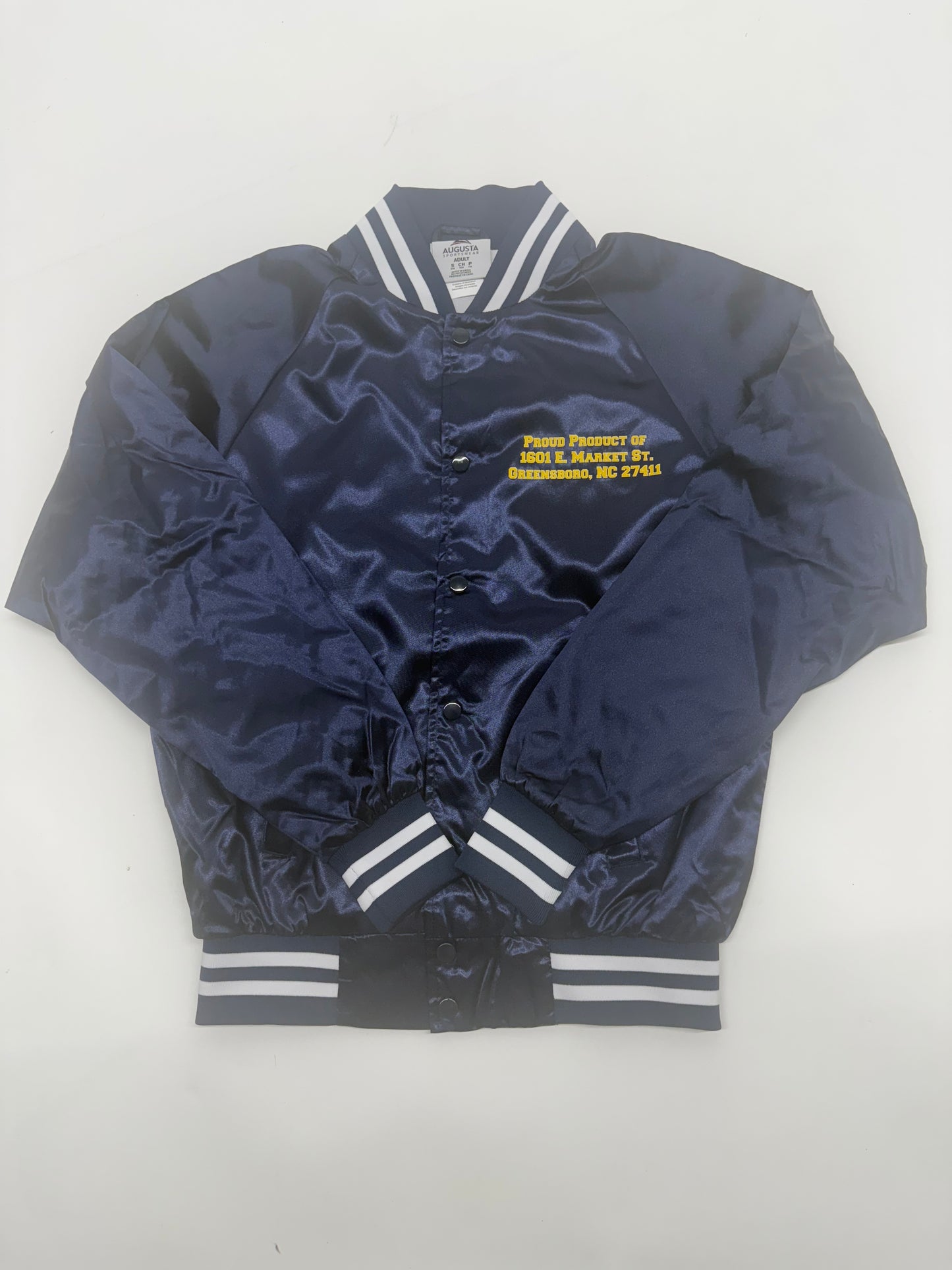 The AGGIES Proud Product Satin Baseball Jacket in Navy Blue/Gold/White