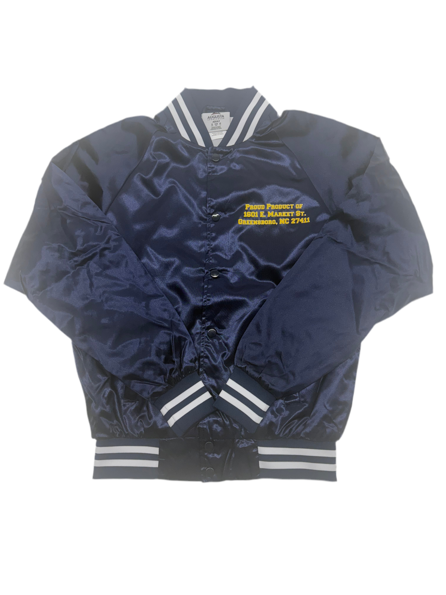 The AGGIES Proud Product Satin Baseball Jacket in Navy Blue/Gold/White