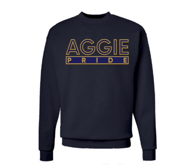 The Aggie Pride Crewneck Sweater in Navy Blue and Gold Embroidered