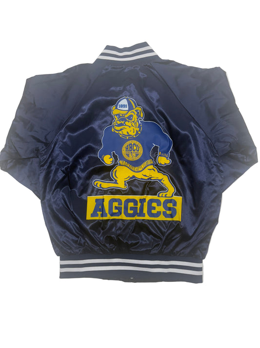 The AGGIES Proud Product Satin Baseball Jacket in Navy Blue/Gold/White